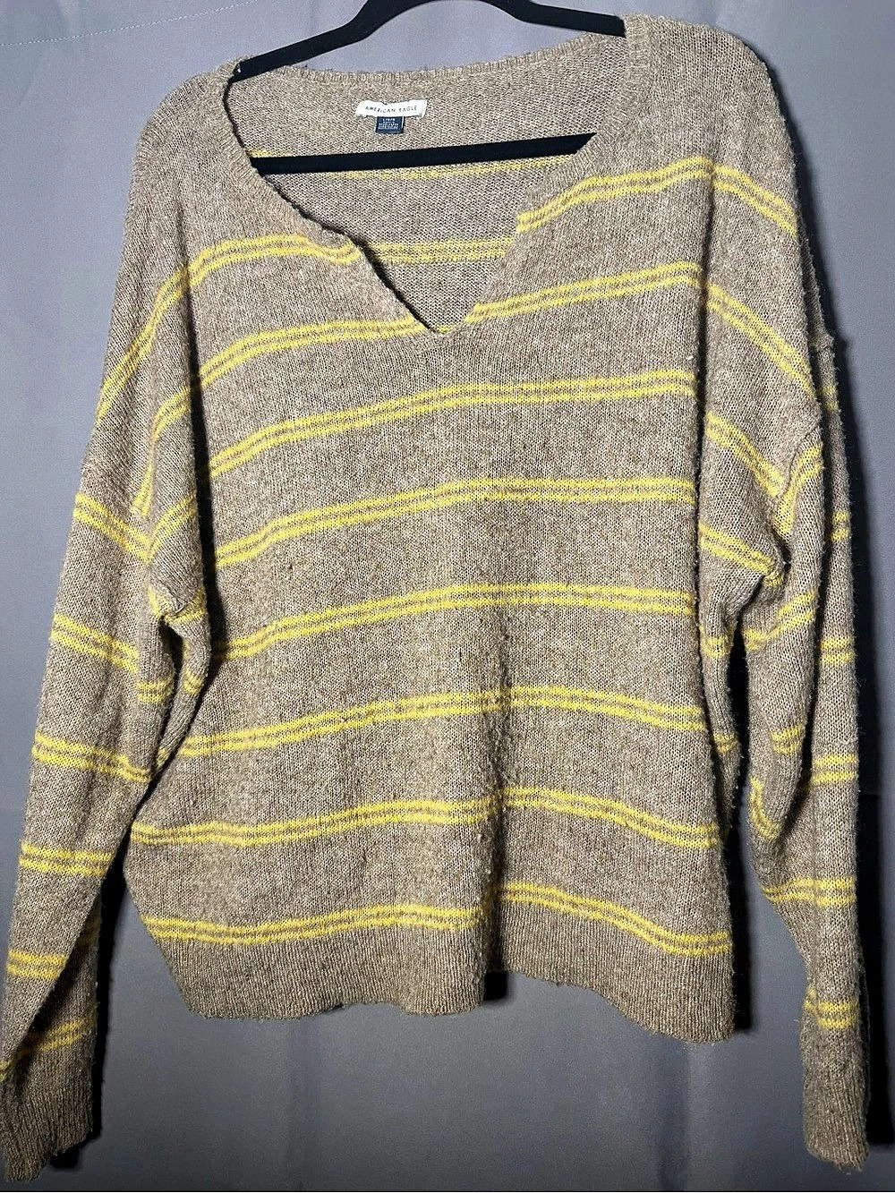American Eagle Striped V-Neck Sweater in Brown & Yellow